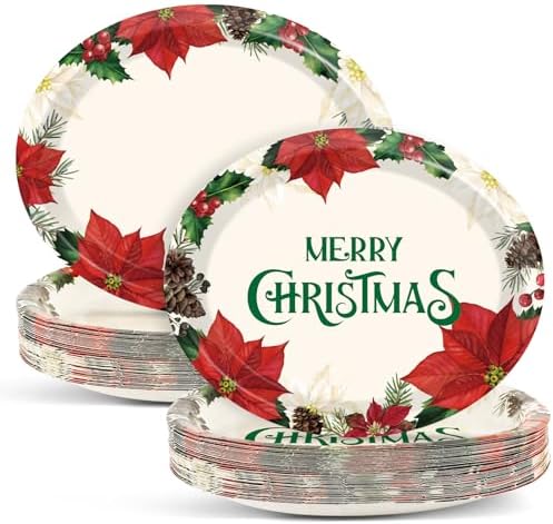 50 PCS Christmas Oval Paper Plates Large 11” Disposable Poinsettias Theme Party Decorations Winter Floral Supplies Favor for Merry Christmas Dinner Heavy Duty Dish Platter Birthday Party Tableware Set by Qyeahkj