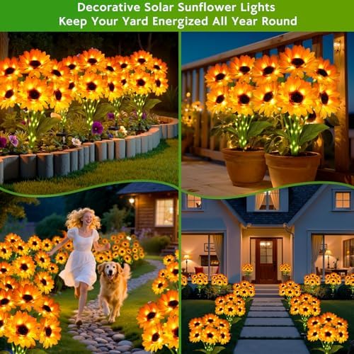 Solar Sunflower Lights Outdoor Garden Decor, Solar Flowers Lights with 18 Sunflowers, Waterproof Fall Decor Stake Decorative Light Auto ON/Off for Garden Yard Patio Backyard, Gift for Women (3 Pack) - Image 6