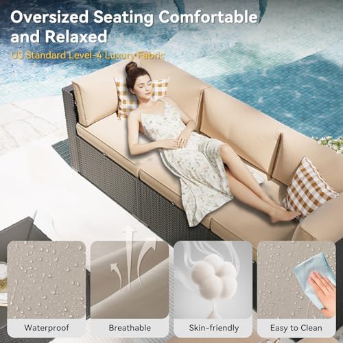 Aoxun Patio Furniture Set, 7 Piece Outdoor Sectional Sofas with Waterproof Cover, Wicker Rattan Outdoor Furniture Patio Conversation Set for Backyard, Garden Beige - Image 3