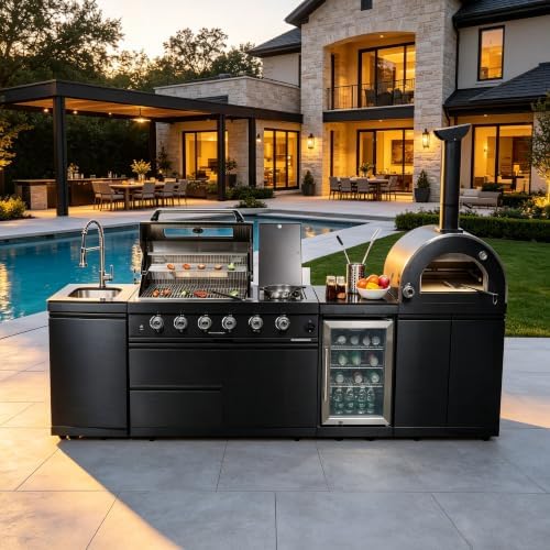 112" Outdoor Kitchen Island, 4-Burner Propane Grill, Pizza Oven, Black by Dvasovio