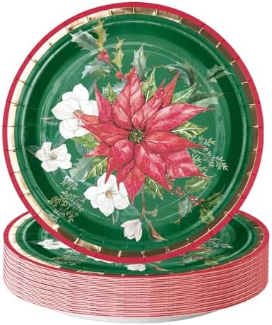 WRAPAHOLIC 25Pcs Christmas Paper Plates - 9 Inch Gold Foil Poinsettia Flower Disposable Plates Decorative Dinner Plates for Christmas Party Tableware Supplies Table Decor by WRAPAHOLIC