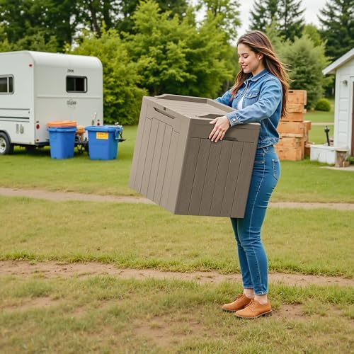 Devoko 30 Gallon Resin Deck Box 2 Pack Outdoor Indoor Waterproof Storage Box for Patio Furniture Pool Accessories Storage for Cushion Garden Tools (Light Brown, 2 Pack) - Image 6