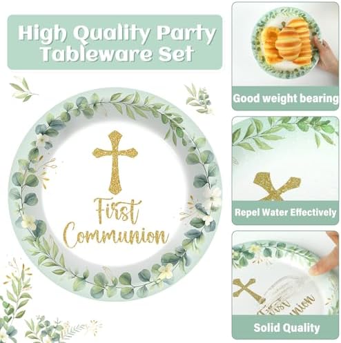 First Communion Party Plates Napkins Green God Bless Baptism Tableware Set Mi Bautizo Dinnerware Eucalyptus Leaf Disposable Paper Plate Fork for Christening Religious Baby Shower Supplies Serve 24 - Image 3