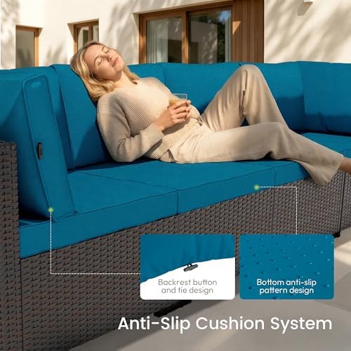 Patio Furniture Set - All-Weather - 7 Piece Patio Outdoor Conversation Set, Modular Wicker Rattan Sectional Sofa for Backyard, Garden, Poolside, Balcony, Porch, Patio, Brown/Peacock Blue - Image 2