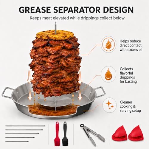 Al Pastor Skewer for Grill, 13 Inch Stainless Steel Vertical Skewer Pan with 5 Spikes, Grease Separator Tray, Tongs, Gloves & Basting Brushes, Shawarma Gyro Kebab Stand for Oven Smoker BBQ - Image 3
