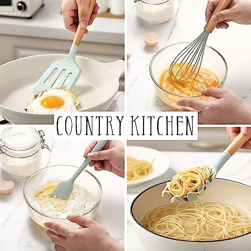 Country Kitchen Non Stick Silicone Utensil Set with Rounded Wood Handles for Cooking and Baking, 38 Piece Set, Mint - Image 4
