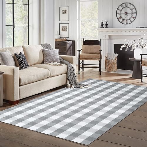 IOHOUZE 5x7 Buffalo Plaid Area Rug, Washable Indoor Outdoor, Grey White by iOhouze