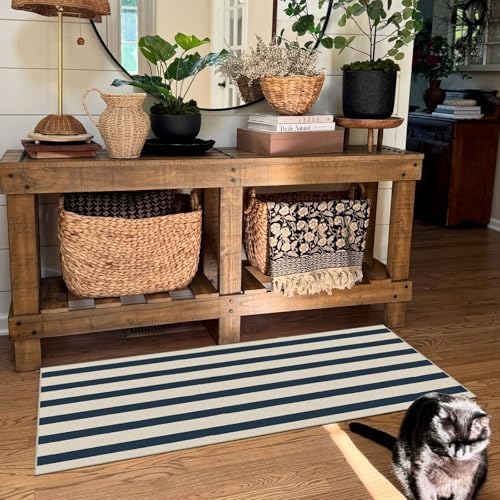 Front Door Mat Indoor Entrance, 2x4.3 Ft Blue and White Striped Rug - Image 7