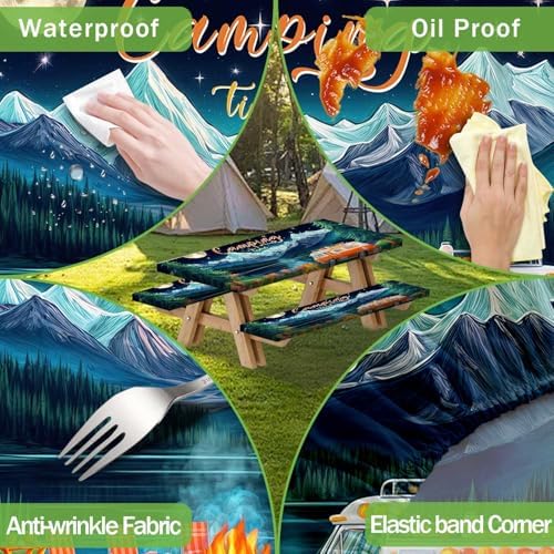 Picnic Table Cover with Bench Covers and Bag, Forest Mountain Lake Fitted Outdoor Table Covers, Camping Essentials, Windproof & Waterproof Tablecloth Cover with Elastic Edge, 3 PCS, 30x96 Inch - Image 5
