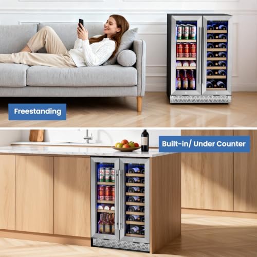 24 Inch Wine and Beverage Refrigerator, 85 Cans and 18 Bottles Dual Zone Wine Fridge with Glass Door Built in or Freestanding, Under Counter Refrigerator for Soda Beer Wine-Kitchen Bar Office - Image 5