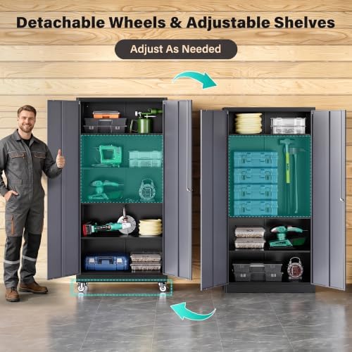 SISESOL 75" Tall Black Gray Metal Storage Cabinet with Wheels and Shelves - Image 6