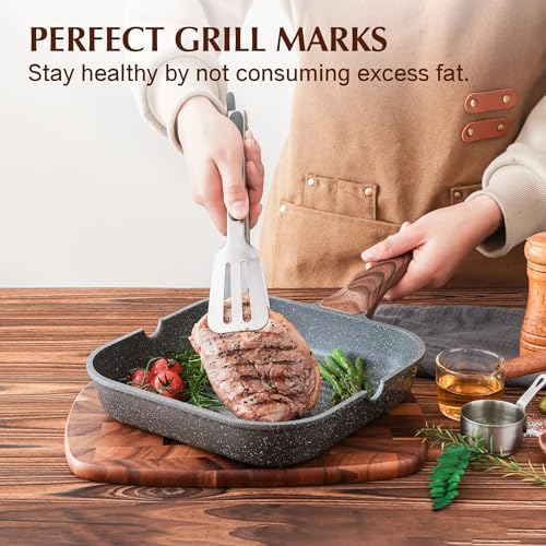 SENSARTE Nonstick Grill Pan with Lid, Grill Pan for Stove Tops, Versatile Griddle with Pour Spouts, Square Big Cooking Surface, Durable Skillet Indoor & Outdoor Grilling. PFOA Free, 9.5 Inch - Image 3
