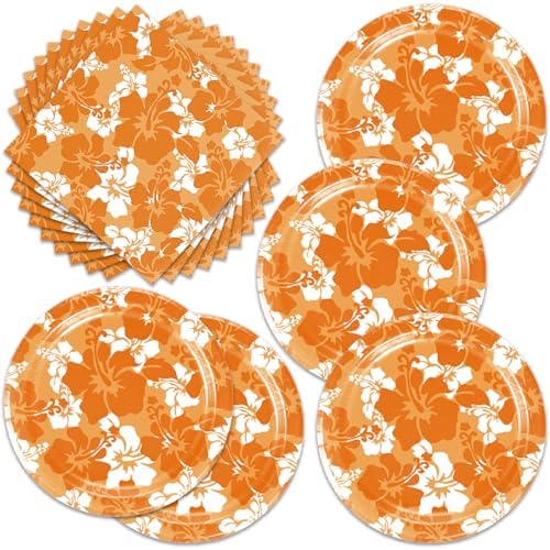 Orange Hawaiian Hibiscus Flowers Party Decorations for Kids Tropical Party Decorations 40PCS Hawaiian Flower Theme Party Plates and Napkins by Frypeas