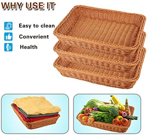 KEILEOHO 3 Packs 16 Inch Poly Wicker Bread Baskets, Handmade Woven Pantry Organizer, Tabletop Food Serving Baskets for Fruits, Vegetables and Snacks, Restaurant, Hotel Serving, Brown - Image 5