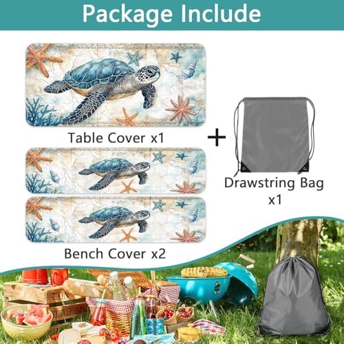 Picnic Table Cover with Bench Covers 6FT, Camping Essentials, Nautical Sea Turtle Ocean Windproof Waterproof Picnic Table Cloth, Fitted Tablecloth with Elastic Edge for Indoor Outdoor 3PCS 30x60 Inch - Image 6