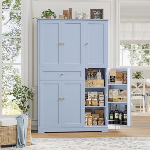 HOSTACK 68"H Kitchen Pantry Storage Cabinet with Door & Shelves, Light Blue - Image 5