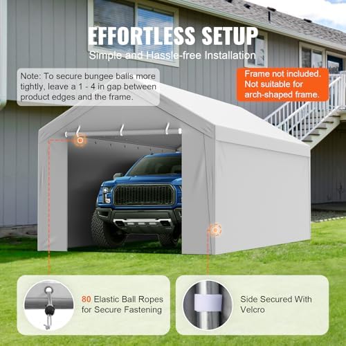 VEVOR Carport Replacement Canopy Cover Top + Side Wall 10 x 20 ft, Garage Tent Shelter Tarp Heavy-Duty Waterproof & UV Protected, Easy Installation with Ball Bungees,Grey (Frame Not Included) - Image 5