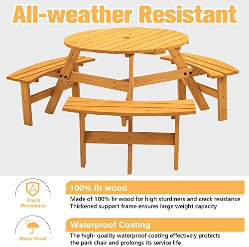 6-Person Circular Outdoor Wooden Picnic Table for Patio, Backyard, Garden, DIY w/ 3 Built-in Benches, 1720lb Capacity - Natural - Image 5