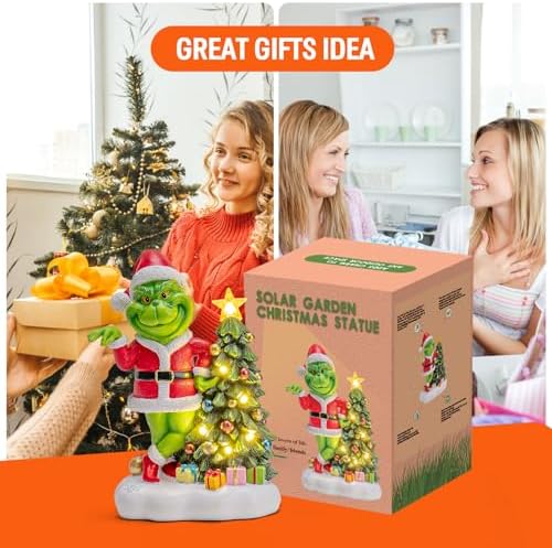 YDKOJGW Green Monster Solar Garden Statue with Christmas Tree and 6 LED Lights - Outdoor Figurine - Glossy Resin - Waterproof - Spot Clean - Christmas Decor - Image 6