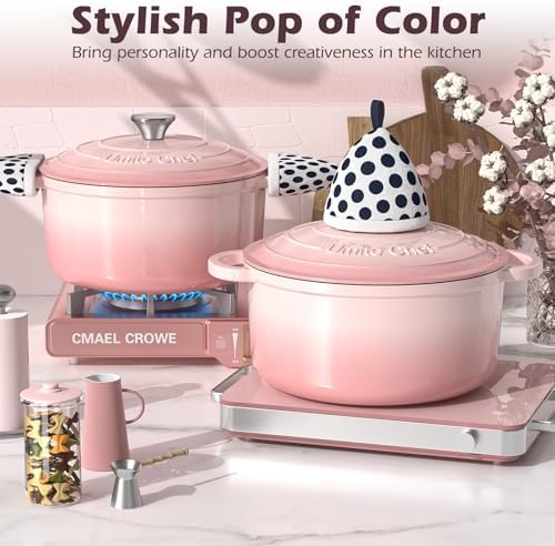 Umite Chef Enameled Cast Iron Dutch Oven-7QT Pot with Lid Cookbook & Cotton, Heavy-Duty Cookware for for Bread Baking, Braising, Stews, Marinate, Cook(Pink) - Image 6