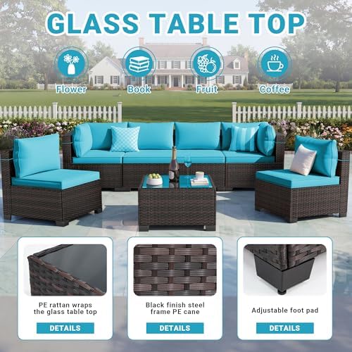 LEVELEVE 7-Piece Outdoor Patio Furniture Sets, Manual Weaving Rattan Conversation Sectional Sofa with Tempered Glass Coffee Table, All-Weather PE Wicker & Thick Cushions for Garden, Backyard, Porch - Image 5