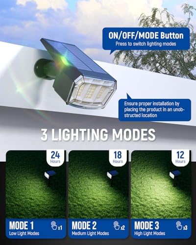 AUDERWIN Solar Spot Lights Outdoor 63 LED 3 Lighting,Waterproof IP65 Modes Spotlights for Outside House Yard Garden Landscape Lights 4 Pack (Natural Light) - Image 2