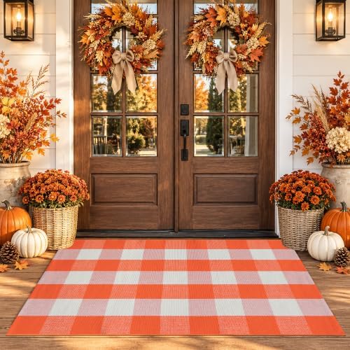 Orange and White Plaid Rug, 3' x 5' Fall Front Door Decor Mat, Cotton Washable Hand-Woven Door Mat for Layered Doormat, Autumn Halloween Thanksgiving Carpet for Porch, Entryway - Image 2