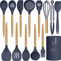 oannao Silicone Cooking Utensils Set - 446°F Heat Resistant Silicone Kitchen Utensils for Cooking,Kitchen Utensil Spatula Set w Wooden Handles, BPA FREE Gadgets for Non-Stick Cookware (Navy Blue) by oannao