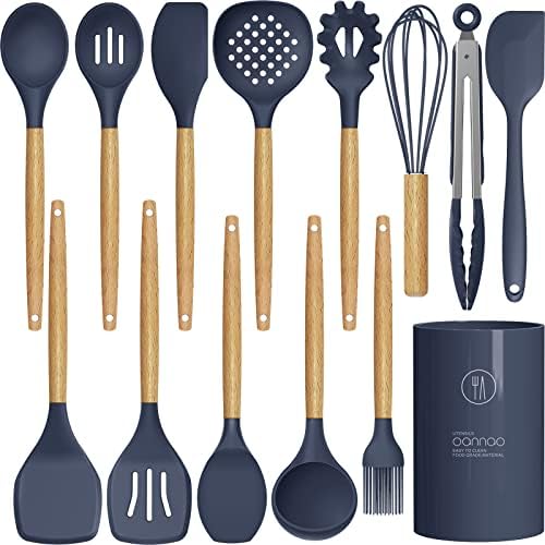 oannao Silicone Cooking Utensils Set - 446°F Heat Resistant Silicone Kitchen Utensils for Cooking,Kitchen Utensil Spatula Set w Wooden Handles, BPA FREE Gadgets for Non-Stick Cookware (Navy Blue) by oannao