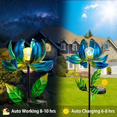 Solar Garden Lights Metal Flower Decor, Colorful Spinning Windmill Lotus Pathway Ligths with LED Cracked Crystal Ball Outdoor Decorative Stake Lighting Waterproof Flower Sculpture for Patio Yard - Image 5