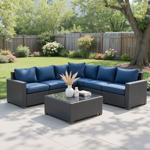 Patio Furniture Set, 7PCS Outdoor Sectional PE Rattan Patio Conversation Set w/Thickened Cushion Modular Wicker Patio Sofa Set w/Coffee Table for Balcony, Backyard(Blue) by PHONJOROO