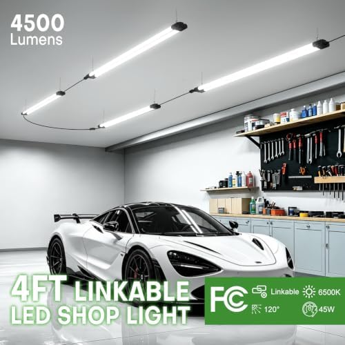 (6 Pack) T5 LED Shop Light, 4FT 4500LM Garage Lighting, 45W (150W Equivalent), 6500K Linkable Integrated Light Fixture with ON/OFF Switch, Hanging or Ceiling Mount Bright White Light for Workshop - Image 2