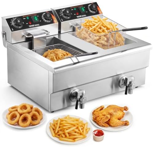 VEVOR Commercial Deep Fryer, Dual Tank 3000W Electric Countertop Fryer with Basket, 2 x 11.6Qt/11L Double Stainless Steel Oil Fryer with Drain, Time & Temp Control, for Kitchen Restaurant Use by VEVOR