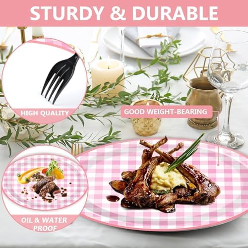 50 PCS Pink Plaid Oval Paper Plates Large 11” Disposable Pink and White Checkered Party Decorations Camp Oval Supplies Favor for BBQ Gathering Picnic Birthday Outdoor Girls Party Tableware Set - Image 3