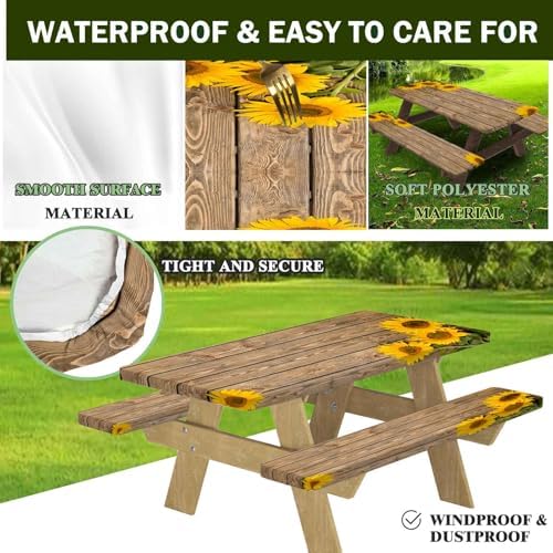 CAPSCEOLL Picnic Table Cover with Bench Covers 6ft - Wooden Sunflowers - Image 3