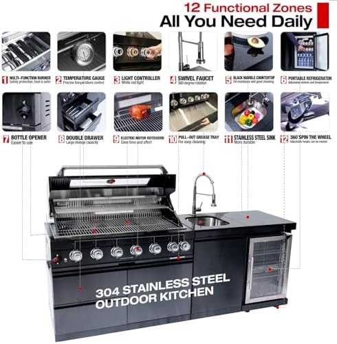 Outdoor Kitchen Island, 82 Inch 6 Burner Propane Gas Grill Combination With Refrigerator and Sink, Outdoor Stainless Steel Barbecue Bar, 85000 BTU Propane Grill for Patios, Gardens, Parties - Image 3