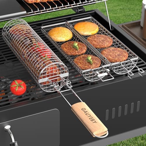 Rolling Grill Basket, Grill Baskets for Outdoor Grill, REMOVABLE HANDLE, Anti-Scorch Stainless Steel BBQ Net Tube for Meat, Shrimp, Vegetables, Grill Accessories, Gifts for Dad, Husband (Round) by GAUYEBY