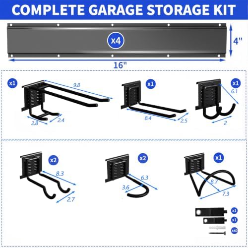 Garage Tool Organizer Wall Mount, 64 Inch Heavy Duty Garden Tool Organizer Storage System, Easy Install with 8 Adjustable Bike Hooks, for Garage, Basement, Shed, Workshop, Black, Steel - Image 2