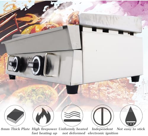 INTSUPERMAI LPG Gas Grill Griddle Countertop Griddle Flat Top Grill Hot Plate Stove Stainless Steel Teppanyaki Gril 2800Pa 21.26×13.39inch Plate Separately Adjustable Temperature Control - Image 5
