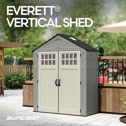 Suncast Everett 6x3 ft Vertical Storage Shed - Resin Outdoor Garden Shed with Floor, Windows, Skylight & Lockable Double Doors. Slim Yard Storage for Utility Tools & Backyard Equipment - Image 3