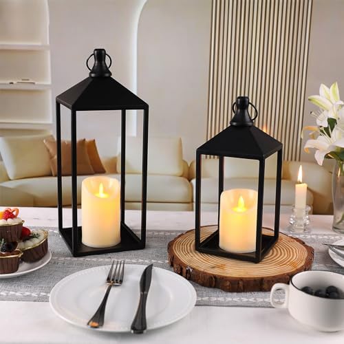 2 Pcs Black Decorative Metal Lanterns Farmhouse Lantern Decor with Candles - Image 6