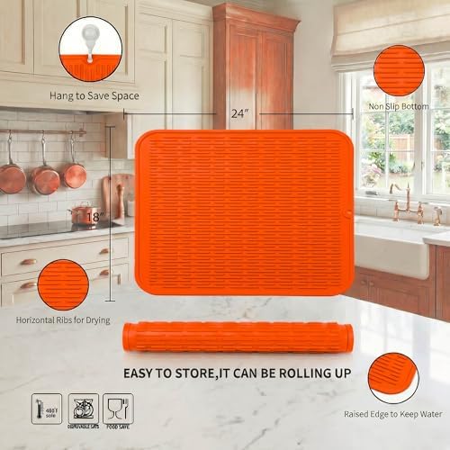 MicoYang Silicone Dish Drying Mat for Multiple Usage,Easy clean,Eco-friendly,Heat-resistant Silicone Mat for Kitchen Counter or Sink,Refrigerator or Drawer Liner Orange 2XL 24 inches x 18 inches - Image 2