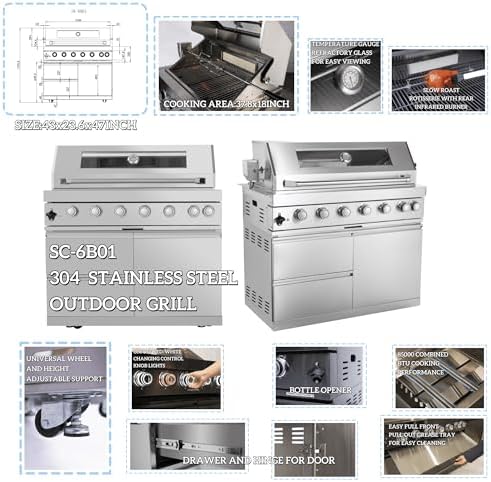 82 Inches 6-Burner 85000 BTU Natural Gas Outdoor Kitchen Island with Grill with Wine Cooler, Compact Refrigerator, Rotisserie, Granite Countertops & Storage, For Patio, Lawn, Backyard, Silver - Image 4