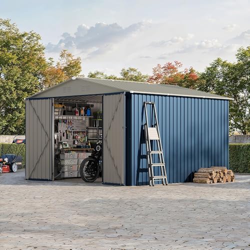 Garvee 10x10 FT Metal Storage Shed – Lockable Doors, Floor Frame, Blue by Garvee