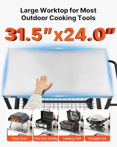 VEVOR Outdoor Grill Cart, 31.5 x 24.0 inch Stainless Steel Tabletop Size Grilling Table, Outdoor Cooking Table with 4 Wheels & Side Handle, Two Mesh Shelves, BBQ Prep Tables for Patio, Garden - Image 4