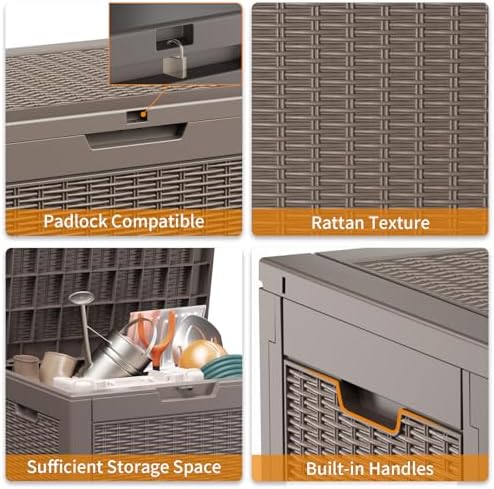 ROJIK Outdoor Storage Housing Deck Box - Waterproof Patio Furniture, Garden Tools, Cushions, Pool Accessories Storage Bench with Lockable Lid and Side Handles (Grey Rattan, 30 Gal) - Image 5