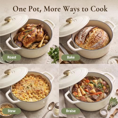 Overmont Enameled Cast Iron Dutch Oven - 5.5QT Pot with Lid Cookbook & Cotton Potholders - Heavy-Duty Cookware for Braising, Stews, Roasting, Sourdough Baking White - Image 6