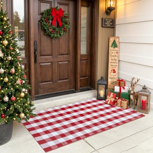 OJIA Christmas Front Door Mat 24"x51" Red and White Buffalo Plaid Porch Rug by OJIA