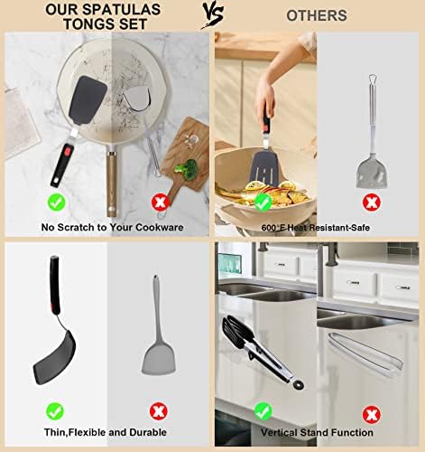 4PCS Flexible Silicone Spatula Turner Set and Kitchen Food Tongs with Silicone Tips, 600F Heat Resistant, Ideal for Flipping Eggs, Fish, Burgers, Pancake and Strong Grip on Salads, Pasta, Steaks, BBQ - Image 6