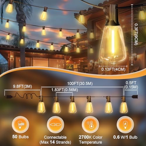 LAMPHOME LED Outdoor String Lights 100FT Patio Lights with 52 Shatterproof ST38 Vintage Edison Bulbs, Outside Hanging Light Waterproof for Porch, Deck, Garden, Backyard, Dimmable 2700K - Image 3